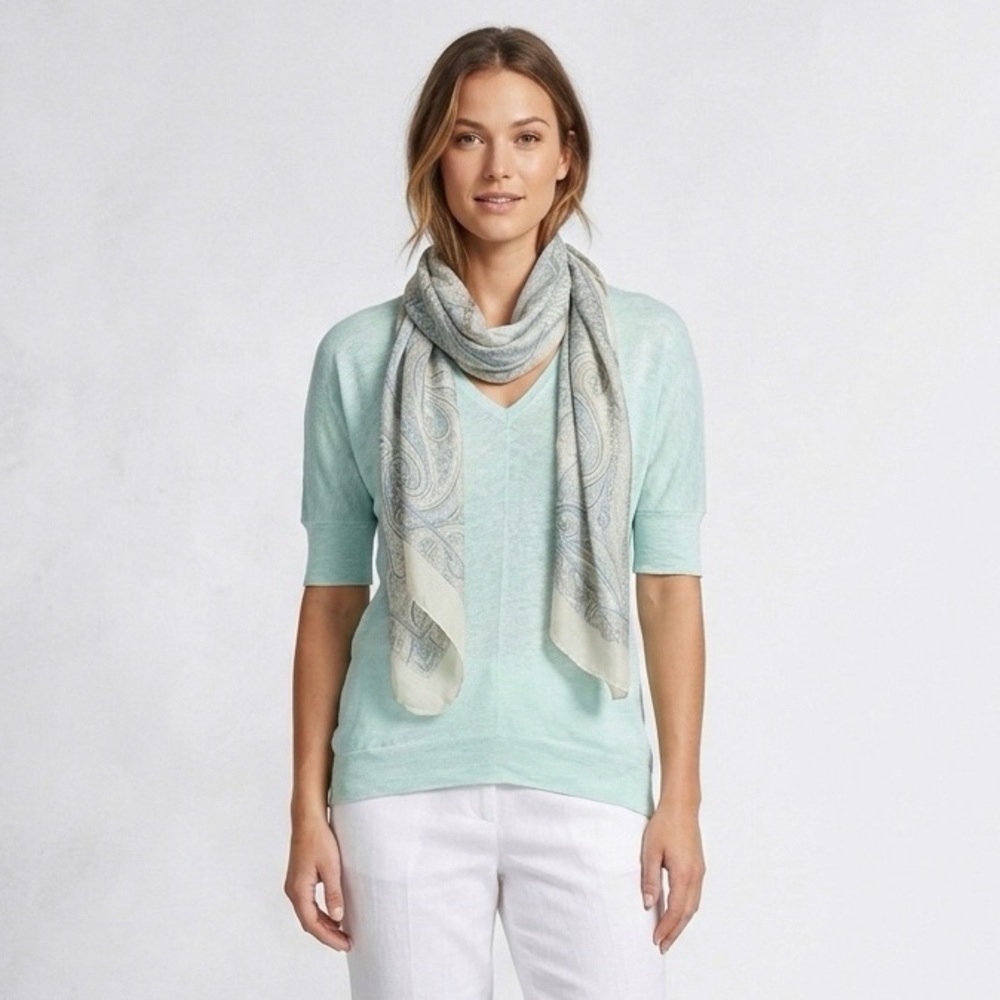 038 EILEEN FISHER Women's SS Organic Linen V-Neck Knit Top, Mint Green, Large